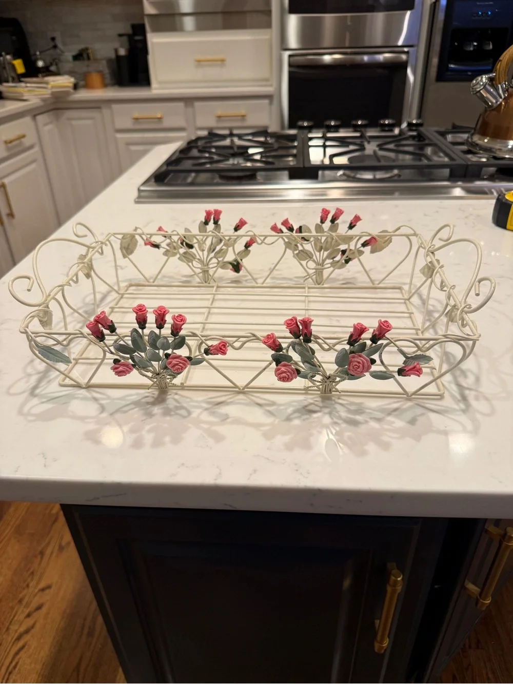 Vintage Cottage Cream Metal Wire Rose Tray Shabby Chic Pink Floral Vanity Basket